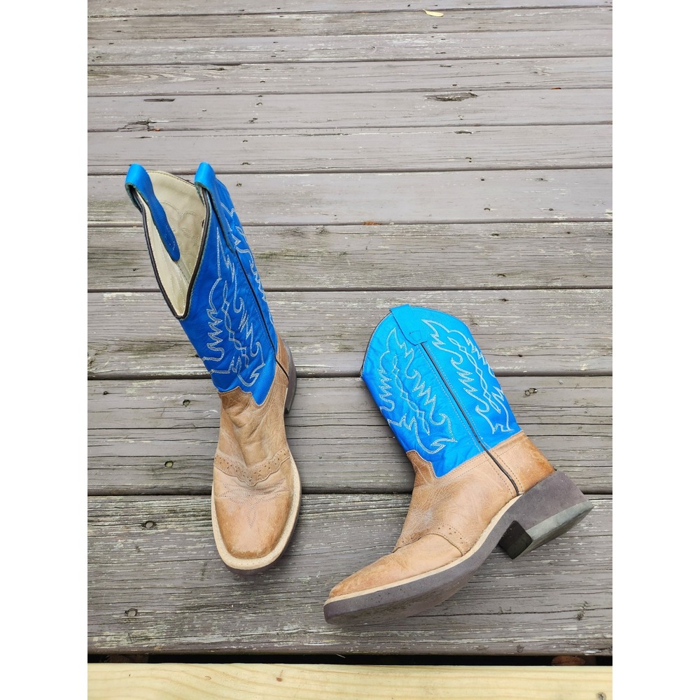 Old West Cowboy Boots Blue Tan Leather Square Toe Western 1729Y Kids 5